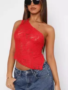 Women's sexy red lace one-shoulder crop top with floral sheer mesh and slim fit design