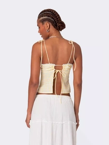Sexy yellow gingham camisole with open back lace-up detail and thin straps for women