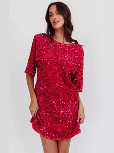 Elegant red sequin mini dress for women with short sleeves and chic backless V-neck design