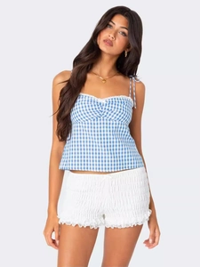 Blue gingham camisole with lace trim and white smocked shorts two-piece summer set