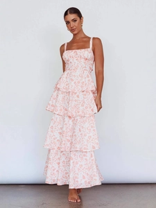 Floral print layered summer dress with square neck and bow straps for resort party wear