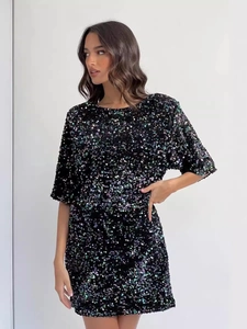 Elegant black velvet sequin dress with deep V-back and short sleeves for party wear