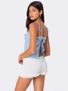 Sexy blue gingham lace-up back camisole top with white ruffled shorts set for women