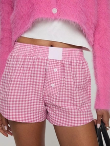 Women Summer Gingham Plaid Shorts High Waist Elastic Loose Vintage Casual Breathable Bottoms Home Sleep Shorts
