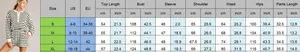 Size chart for women striped two piece set including top and shorts measurements