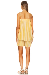 Detailed back view of striped camisole with smocked back and matching shorts set