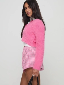Women's pink fuzzy cardigan and plaid shorts set featuring high waist casual style