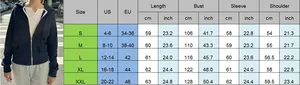 Size chart for women's zip-up hoodie featuring detailed US and EU measurement conversions