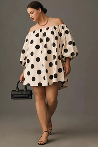 Polka dot off-shoulder puff sleeve dress with a retro French style and large skirt
