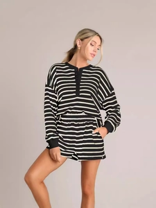Women Striped Long Sleeve Henley Top And Drawstring Shorts Casual Loungewear Clothing For Summer Spring Comfort Relaxed Outfit