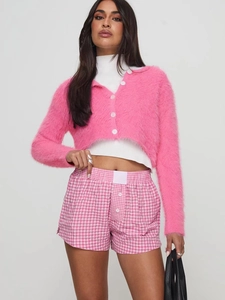 Pink knit cardigan and plaid shorts two-piece set for women stylish casual summer look
