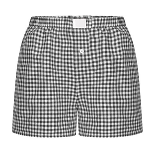 Classic black and white gingham plaid casual high-waisted shorts with elastic waistband