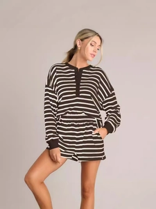 Women's two-piece striped set featuring long sleeve Henley top and matching shorts