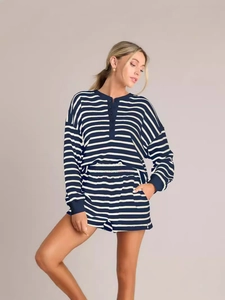 Women's casual striped two-piece set featuring long sleeve button top and matching shorts