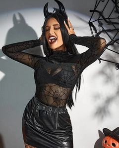 Detail of sheer black mesh top featuring a white spider web print for Halloween