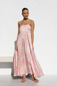 Detailed view of summer backless maxi dress with vibrant pink and green floral print