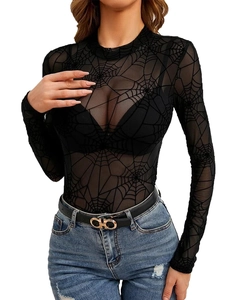 Detail of sheer black mesh top featuring intricate spider web flocking and chic mock neck