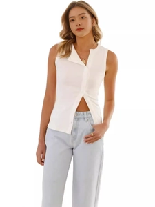 White sleeveless ribbed knit cardigan with asymmetrical neckline and button slit detail