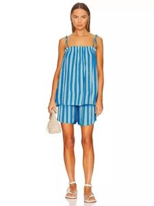 Blue and white vertical striped two-piece summer set with halter top and shorts