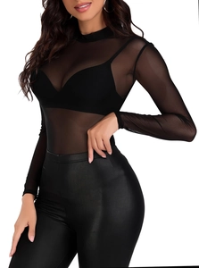 Detailed view of sheer black mesh fabric and mock neck design on long sleeve top