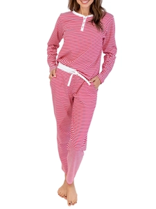 Haut Et Pantalon de Pyjama Rayés pour Femmes Manches Longues Col Henley Vêtements de Détente Décontractés Confortables