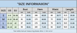 Tableau des tailles détaillé pour robe mini sexy femme incluant les mesures S, M, L et XL