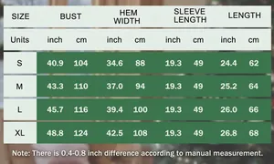 Detailed size chart for women's pullover sweatshirt showing S to XL in inches and cm