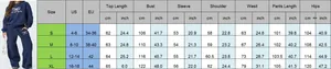 Tableau des tailles pour ensemble femme 2 pièces avec mesures en cm et pouces pour S à XL