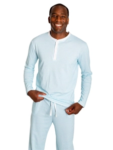 Pyjama rayé bleu clair pour homme avec haut à col Henley et pantalon assorti