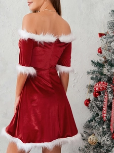 Weihnachtliches Schulterfreies Mini-Kleid aus rotem Samt mit weißem Kunstpelzbesatz