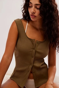 Close-up of olive green ribbed knit top with button closure and scallop trim edges