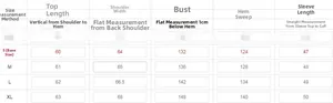 Detailed size chart for Christmas sweatshirt showing bust, shoulder, and length measurements