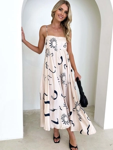 Women's Summer Sexy Backless Maxi Dress Bohemian Print High Waist Spaghetti Strap A-Line Long Dress For Vacation Party