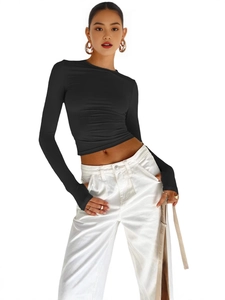 Women's Slim Fit Long Sleeve Crop Top Round Neck Solid Color T-Shirt With Thumbholes Casual Streetwear Base Layer Top