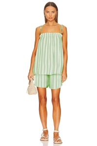 Women's summer two-piece set featuring light green vertical striped camisole and shorts
