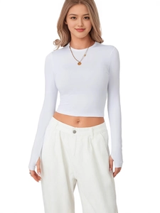 Slim fit white long sleeve crop top with crew neck and functional thumb holes for women