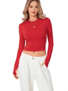 Slim fit red long sleeve crop top with thumb holes and crew neck for women