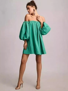 Women Sexy Off Shoulder Puff Sleeve Mini Dress Polka Dot Solid Color A-Line Summer Party Fashion Club Elegant Short Dress