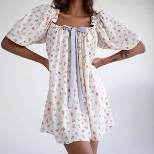 Vintage floral puff sleeve off-shoulder fairy dress with blue ribbon bow accent