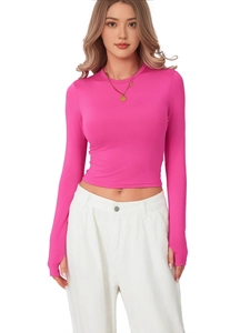 Rose red slim fit crop top with round neck and thumb hole sleeves for women