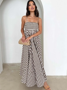 Women's summer backless maxi dress with brown and white stripes and a high-waist A-line cut