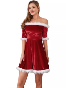 Festliches schulterfreies Weihnachts-Samtkleid in Rot mit weißem Plüschbesatz