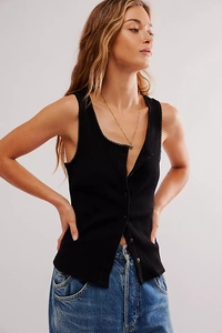 Close-up of black ribbed knit top featuring delicate lace trim and front button closure