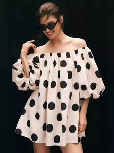 Chic off-the-shoulder polka dot mini dress with voluminous puff sleeves in beige and black