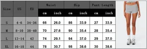 Tableau des tailles détaillé pour short de yoga rayé avec mesures du S au XL en cm et pouces