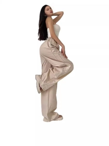 Women's casual khaki wide leg cargo pants with side drawstring and elastic waist