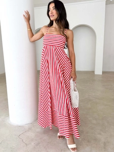 Red and white striped backless maxi dress with A-line skirt and thin shoulder straps