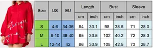 Detailed size chart for Christmas sequin tiered dress with long sleeves and light patterns