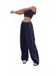 Women casual workout set with black crop tank top and blue drawstring wide leg pants