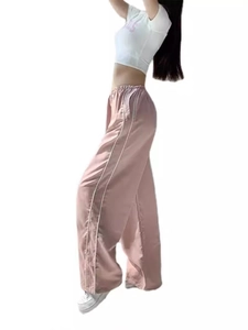 Women's pink wide leg trousers with white side stripes and elastic waist casual style